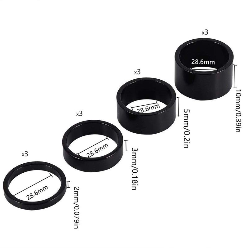 Gooday 12 PCS Bicycle Headset Spacer Bike Handlebar Stem Spacers Threadless Aluminum Alloy Headset Stem Spacer Set Fit 1 1/8-Inch Stem For MTB BMX Mountain Road Bikes Cycling 2MM 3MM 5MM 10MM(Black) - Image 2